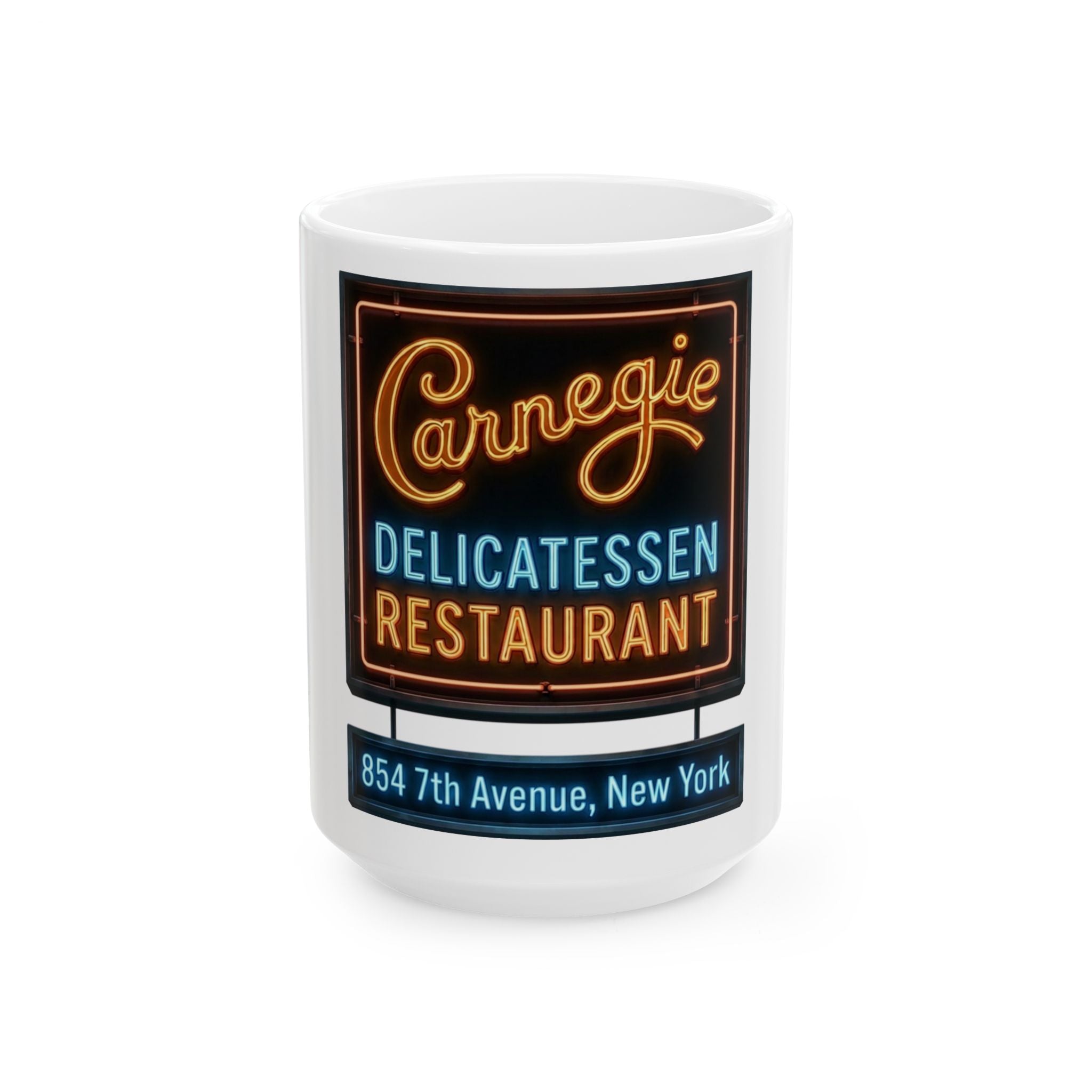 Vintage Carnegie Deli Ceramic Coffee Cup (15oz) -- Retro Neon Sign