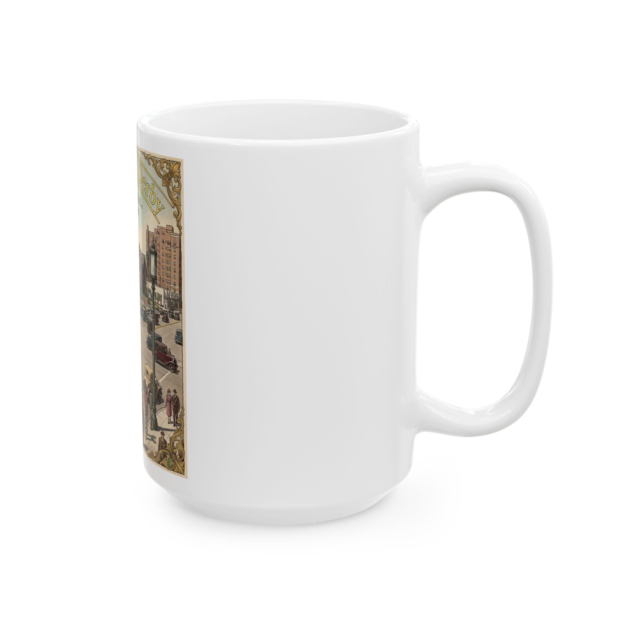 Vintage Brown Derby Mug Ceramic Coffee Cup (15oz) -- Retro Travel Poster Design