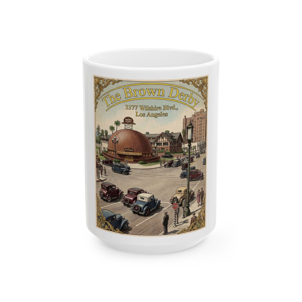 Vintage Brown Derby Mug Ceramic Coffee Cup (15oz) -- Retro Travel Poster Design