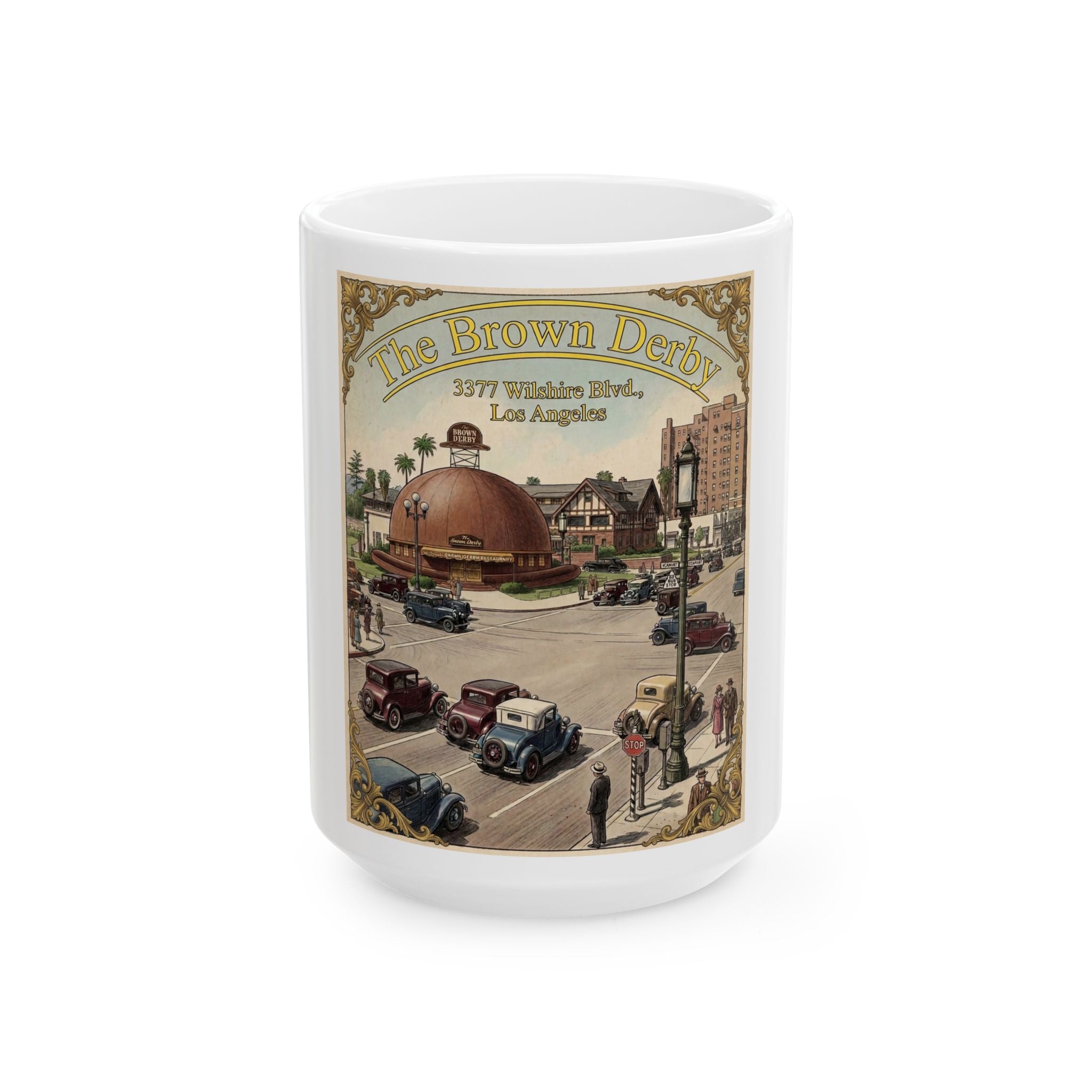 Vintage Brown Derby Mug Ceramic Coffee Cup (15oz) -- Retro Travel Poster Design